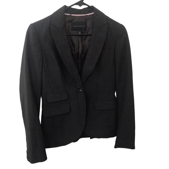 Banana republic stretch wool blend gray white pinstripe one button blazer size 2 - Picture 1 of 10